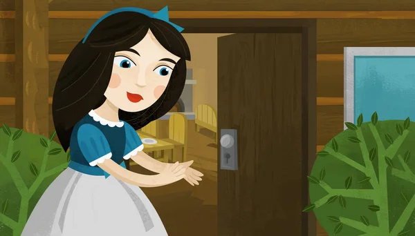 cartoon scene with princess near the wooden house illustration for children