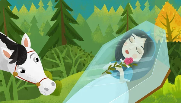 cartoon scene with princess sleeping magical sleep in the forest illustration for children
