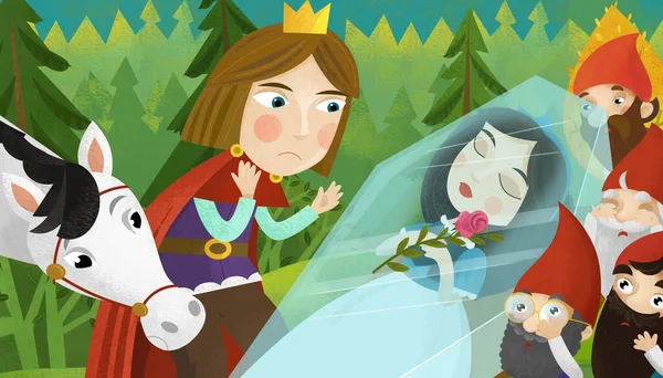 Escena Dibujos Animados Con Príncipe Cerca Dormir Princesa Ilustración Para — Foto de Stock