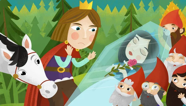 Escena Dibujos Animados Con Príncipe Princesa Bosque Ilustración Para Niños — Foto de Stock