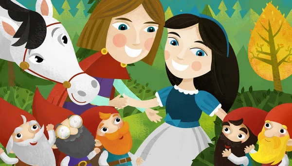 子供のための森のイラストで王子と王女と漫画シーン — ストック写真