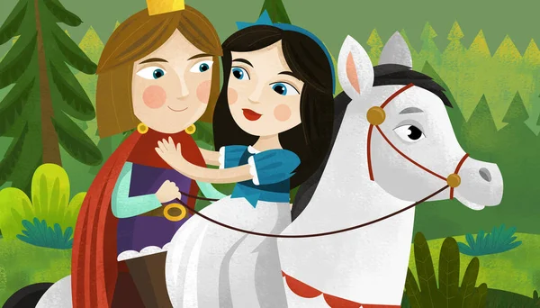 cartoon scene with prince and princess in the forest illustration for children