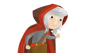 Çocuklar için beyaz arkaplanlı cadı resimli çizgi film sahnesi