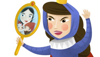 Çocuklar için beyaz arkaplanlı kraliçe ya da prenses karikatür sahnesi