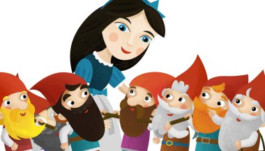 Prenses ve cücelerin beyaz arka planda çocuklar için çizdiği karikatür sahnesi