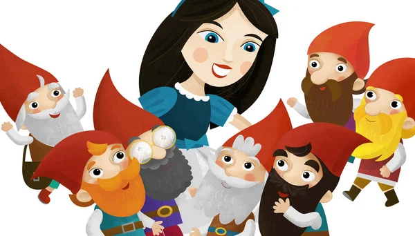 Prenses ve cücelerin beyaz arka planda çocuklar için çizdiği karikatür sahnesi