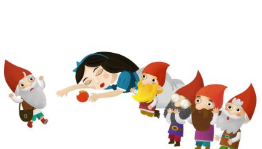 Çocuklar için beyaz arkaplanda uyuyan prenses ve cücelerin olduğu karikatür sahnesi