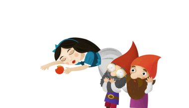Çocuklar için beyaz arkaplanda uyuyan prenses ve cücelerin olduğu karikatür sahnesi