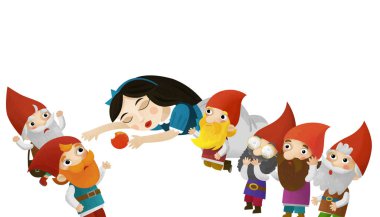 Çocuklar için beyaz arkaplanda uyuyan prenses ve cücelerin olduğu karikatür sahnesi