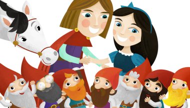 Prens, prenses ve çocuklar için beyaz arkaplanda cücelerin olduğu karikatür sahnesi.