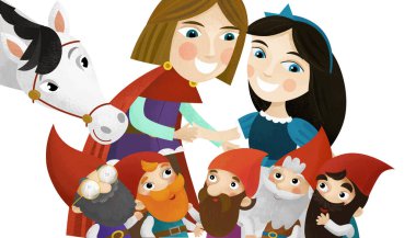 Prens, prenses ve çocuklar için beyaz arkaplanda cücelerin olduğu karikatür sahnesi.