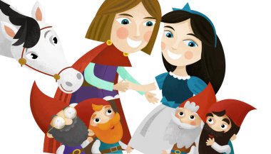 Prens, prenses ve çocuklar için beyaz arkaplanda cücelerin olduğu karikatür sahnesi.