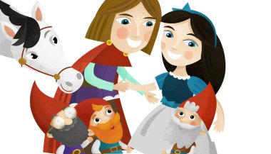 Prens, prenses ve çocuklar için beyaz arkaplanda cücelerin olduğu karikatür sahnesi.