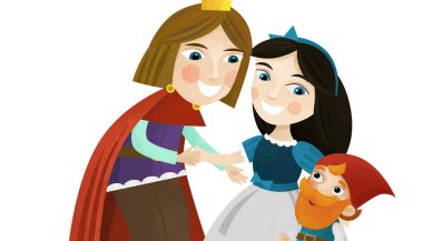 Prens, prenses ve çocuklar için beyaz arkaplanda cücelerin olduğu karikatür sahnesi.