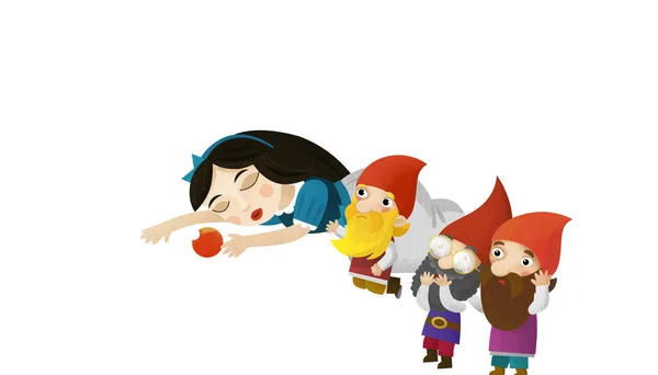 cartoon scene with sleeping princess and dwarfs on white background illustration for children