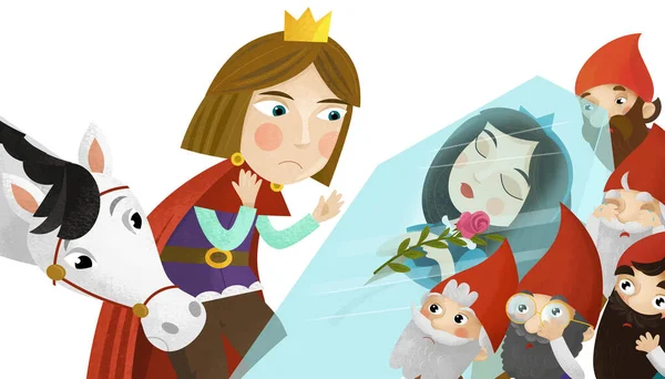 cartoon scene with prince and princess magical sleeping and dwarfs on white background illustration for children