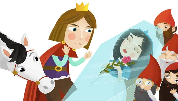 王子様と王女様との漫画シーン魔法の睡眠と子供のための白い背景イラストの小人 — ストック写真
