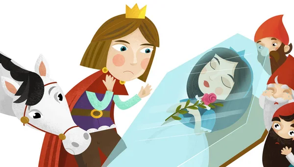 Escena Dibujos Animados Con Príncipe Princesa Sueño Mágico Enanos Sobre — Foto de Stock