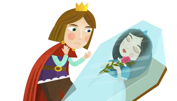 Cartoon Scene Met Prins Prinses Magische Slapen Dwergen Witte Achtergrond — Stockfoto