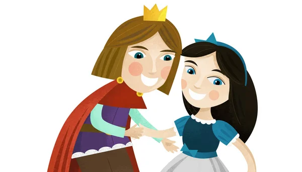 cartoon scene with prince and princess and dwarfs on white background illustration for children