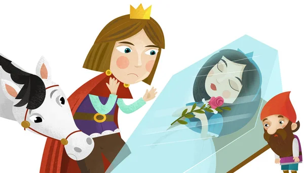 白底图上有王子和公主神奇的睡眠和矮子的卡通片 — 图库照片