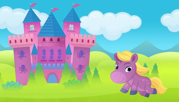 cartoon scene with magical horse near fairy tale castle illustration for children