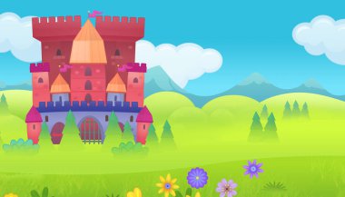 Çocuklar için orman illüstrasyonunun yakınında güzel bir şatosu olan karikatür doğa sahnesi