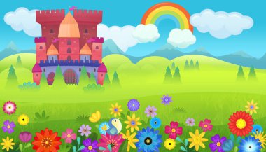 Çocuklar için orman illüstrasyonunun yakınında güzel bir şatosu olan karikatür doğa sahnesi