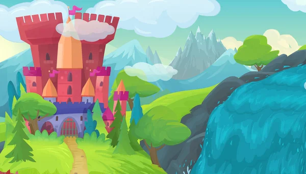 Cartoon nature scene with beautiful castle near the forest illustration for children