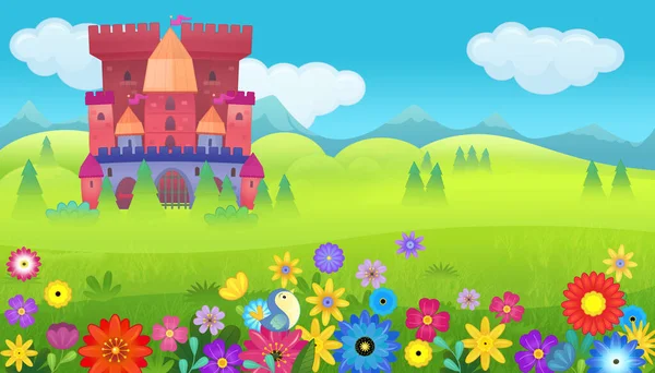 Cartoon Naturszene Mit Wunderschönem Schloss Waldnähe Illustration Für Kinder — Stockfoto