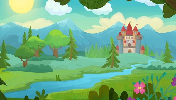 Cartoon nature scene with beautiful castle near the forest illustration for children