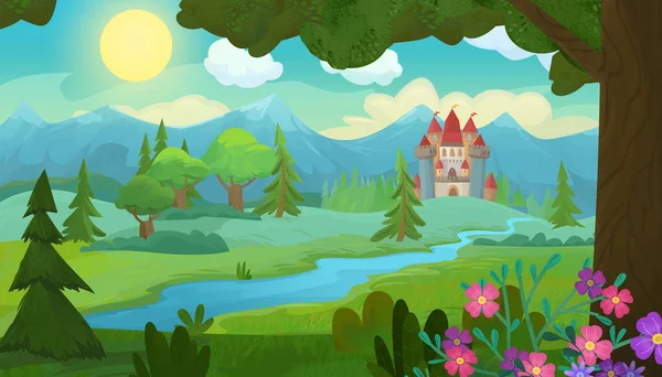 Cartoon Nature Scene Beautiful Castle Forest Illustration Children — Stock Photo, Image