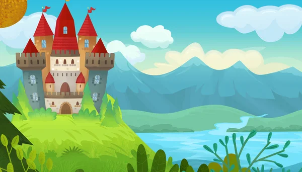 Cartoon nature scene with beautiful castle near the forest illustration for children
