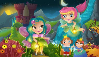 Ormanın yakınındaki güzel şatolu çizgi film doğa sahnesi ve çocuklar için prens ve prenses çizimi.