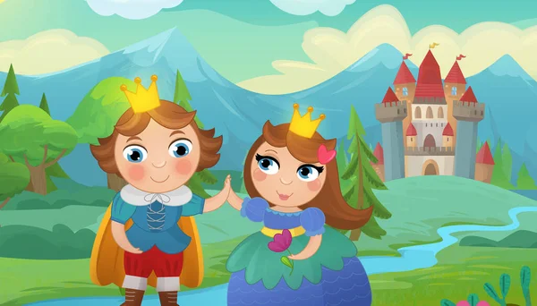 Cartoon nature scene with beautiful castle near the forest and prince and princess illustration for children
