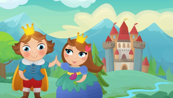 Cartoon Nature Scene Beautiful Castle Forest Prince Princess Illustration Children — Stockfoto