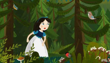 doğa ormanı ve hayvan kuşlarının çocuklar için çizdiği karikatür sahnesi