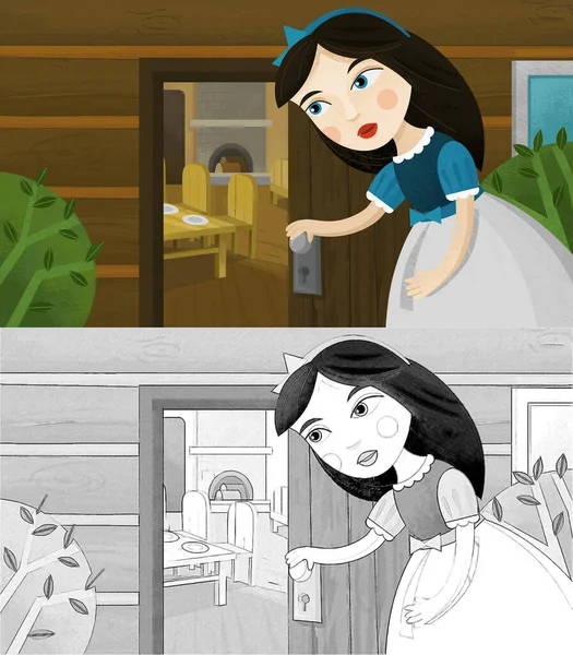 cartoon scene with princess near wooden house illustration for children sketch