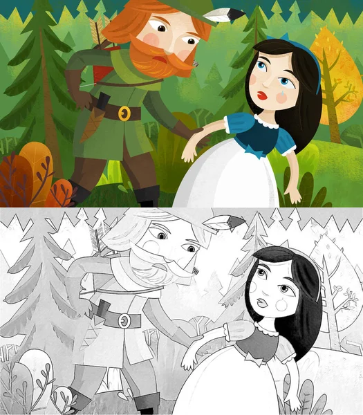 cartoon scene with knight hunter and princess in the forest illustration for children sketch