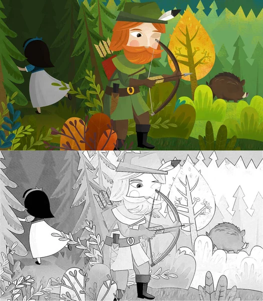 cartoon scene with knight hunter and princess in the forest illustration for children sketch