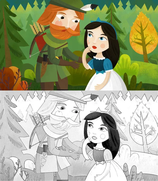 Cartoon Scene Knight Hunter Princess Forest Illustration Children Sketch — Foto de Stock