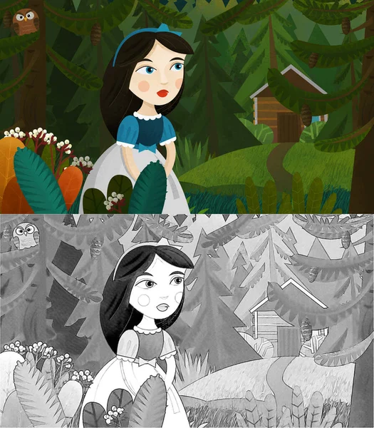 cartoon scene with girl princess in nature forest and animal birds illustration for children sketch