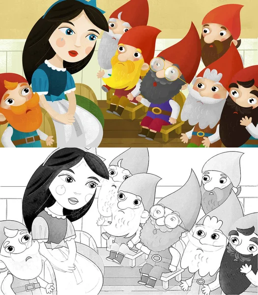 Cartoon Scene Young Princess Dwarfs Room Illustration Children Sketch — ストック写真