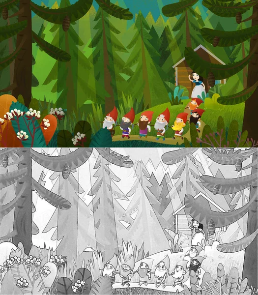 cartoon scene with young princess and dwarfs in the forest illustration for children sketch