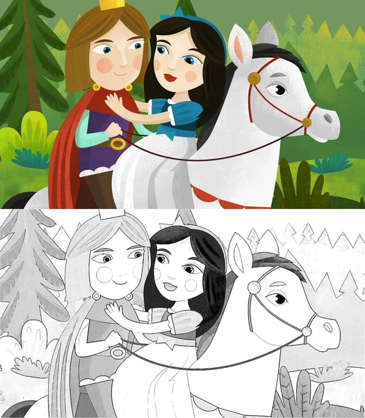 森林里有王子和公主的卡通片 为孩子们画草图 — 图库照片