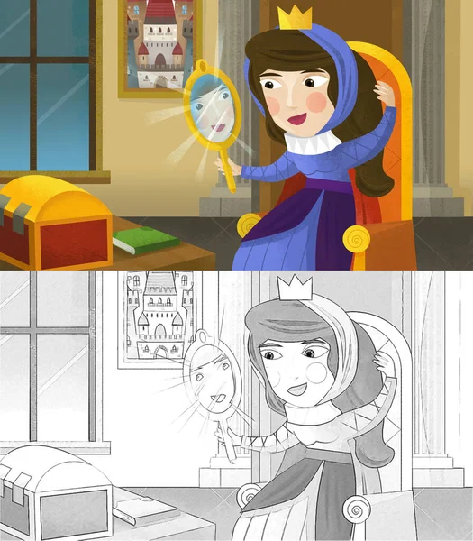 卡通片场景 城堡房间里有女巫皇后的画像 为孩子们画草图 — 图库照片