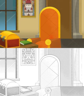 Karikatür sahnesi. Çocuklar için kale sarayı çizimi.