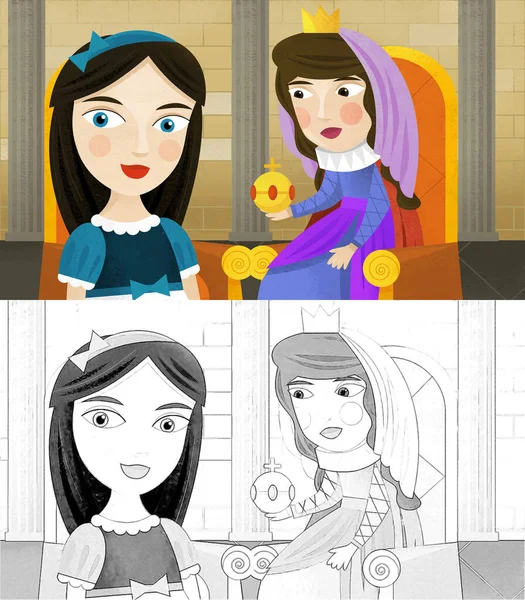 Cartoon Scene Queen Princess Castle Illustration Children Sketch — Fotografia de Stock