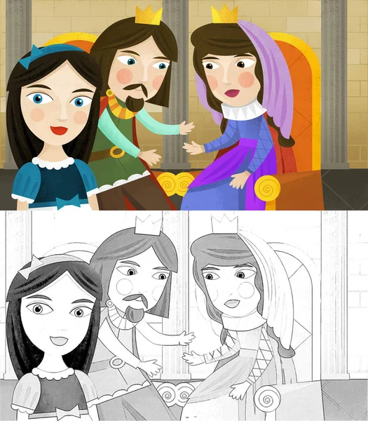 Cartoon Scene Prince Princess Castle Illustration Children Sketch — Stok fotoğraf