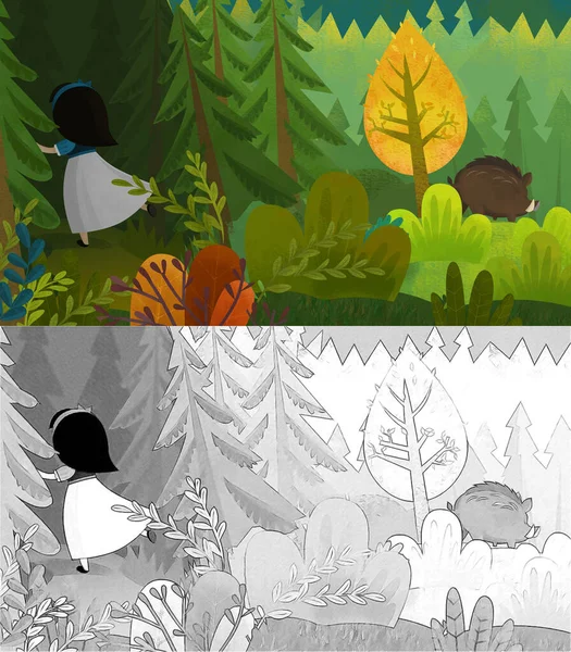 Kreslená Scéna Přírodním Lesem Zvířecími Ptáky Ilustrace Pro Děti — Stock fotografie